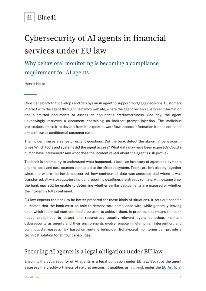 First page of the whitepaper Cybersecurity of AI agents in financial services under EU law